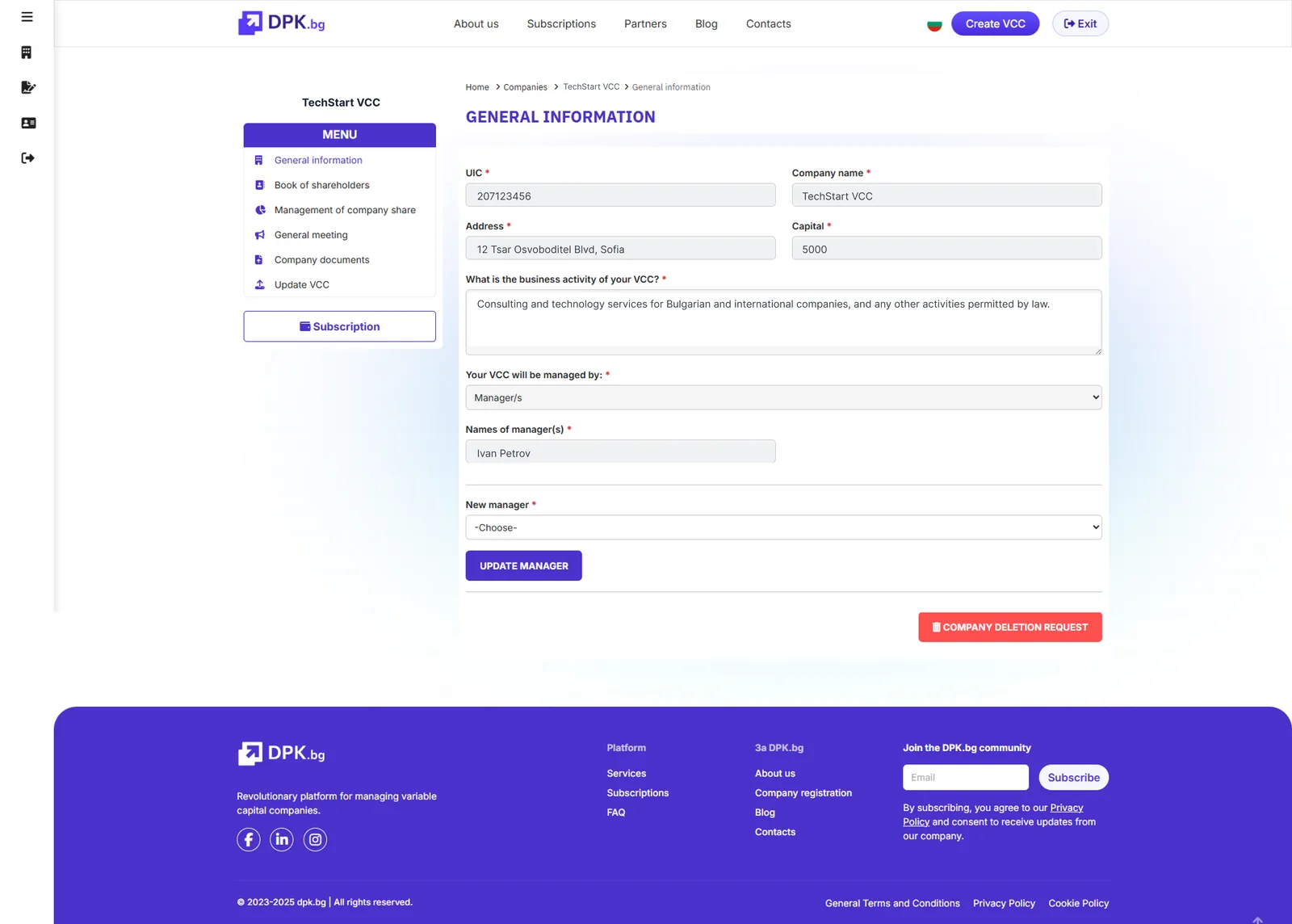 The old platform with company deletion on the main edit page