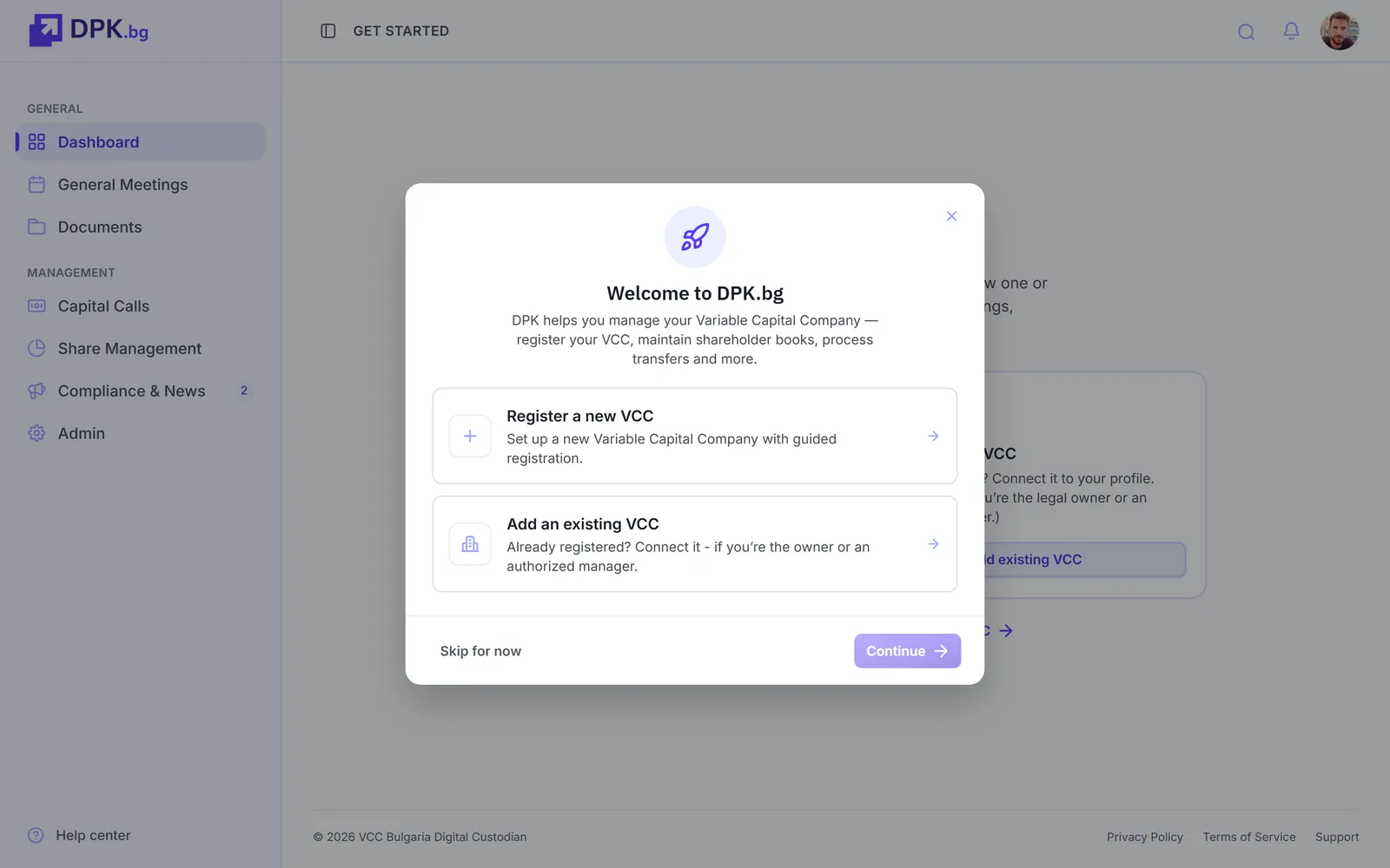 DPK platform guided welcome modal over the app shell