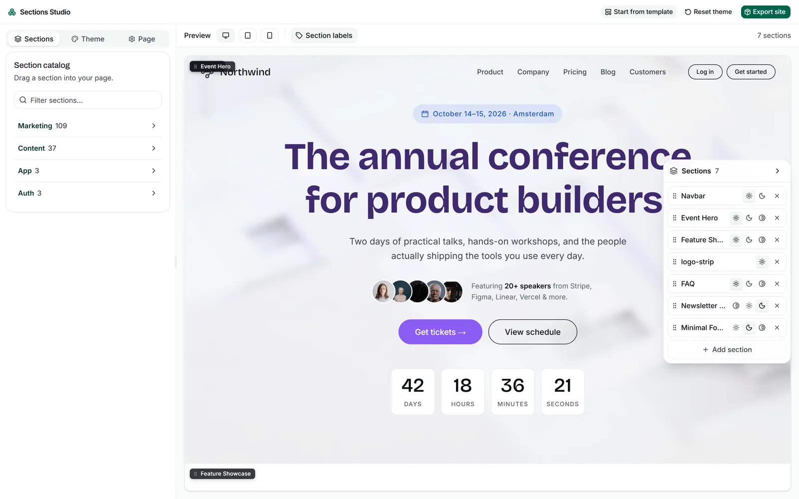 A composed product-launch page in the preview, with the floating Sections panel listing each section
