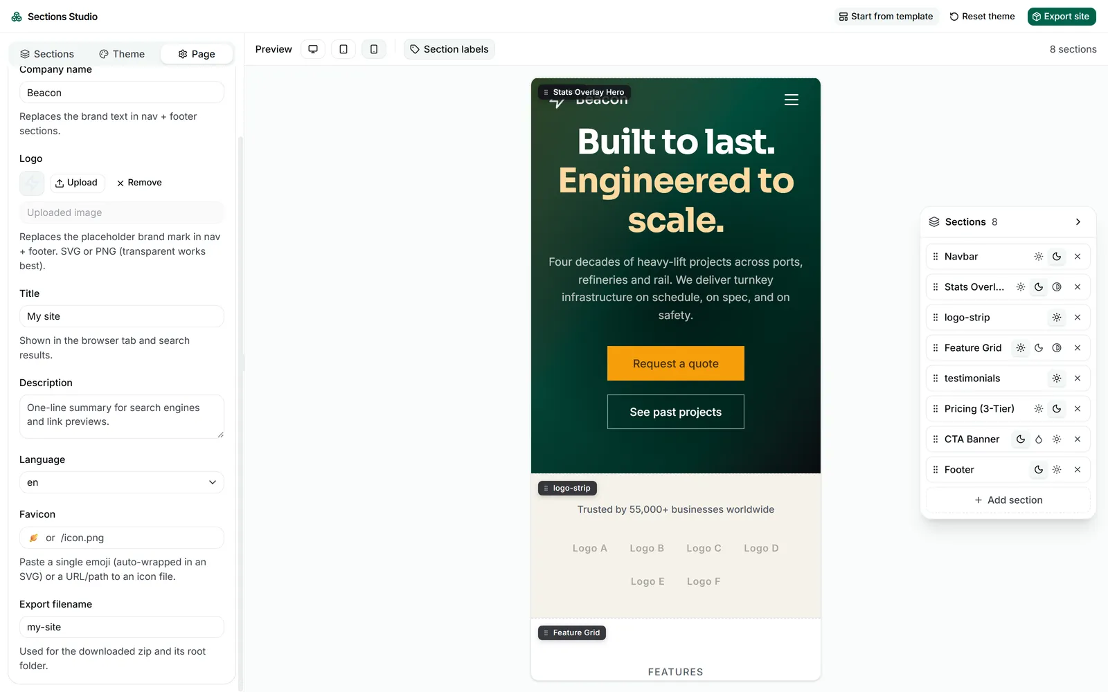 The studio previewing a composed page at mobile width using the responsive viewport toggle
